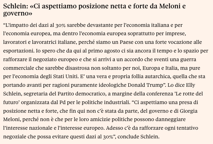 Mario Seminerio (@phastidio) on Twitter photo Questa è una eccellente opportunità per <a href="/ellyesse/">Elly Schlein</a> per dettagliare le sue proposte operative. Coraggio, segretaria, non resti appesa alla solita generazione casuale di frasi fatte e luogocomunismi. Che si fa, quando l'assemblea studentesca è terminata?
ilsole24ore.com/art/dazi-union… Questa è una eccellente opportunità per <a href="/ellyesse/">Elly Schlein</a> per dettagliare le sue proposte operative. Coraggio, segretaria, non resti appesa alla solita generazione casuale di frasi fatte e luogocomunismi. Che si fa, quando l'assemblea studentesca è terminata?
ilsole24ore.com/art/dazi-union…