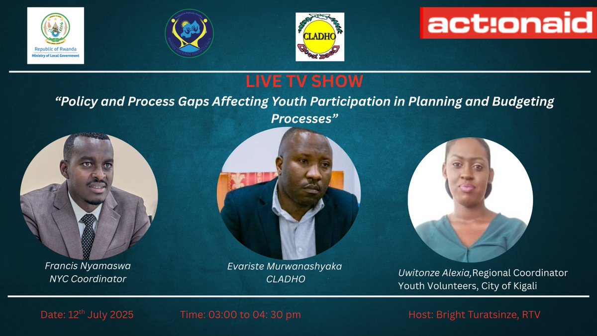 ActionAid Rwanda (@actionaidrwanda) on Twitter photo Tune in to RTV today from 3:00–4:30 PM for a talk on “Policy & Process Gaps Affecting Youth Participation in Planning & Budgeting Processes”, hosted by <a href="/rbarwanda/">Rwanda Broadcasting Agency (RBA)</a>. Participants: <a href="/actionaidrwanda/">ActionAid Rwanda</a>, <a href="/CladhoRwa/">CLADHO</a> & <a href="/RwandaYouth/">Rwanda Youth Council</a>. Youth voices in governance & accountability matters! Tune in to RTV today from 3:00–4:30 PM for a talk on “Policy & Process Gaps Affecting Youth Participation in Planning & Budgeting Processes”, hosted by <a href="/rbarwanda/">Rwanda Broadcasting Agency (RBA)</a>. Participants: <a href="/actionaidrwanda/">ActionAid Rwanda</a>, <a href="/CladhoRwa/">CLADHO</a> & <a href="/RwandaYouth/">Rwanda Youth Council</a>. Youth voices in governance & accountability matters!