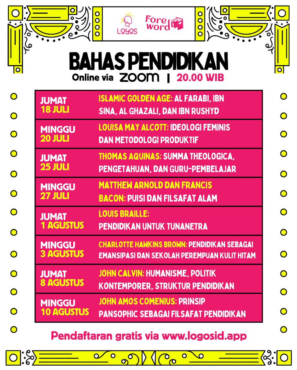 Bahas Pendidikan Batch 2 kembali! Kita akan membahas dari Islamic Golden Age sampai John Amos Comenius.

Daftar gratis di logosid.app 🥳