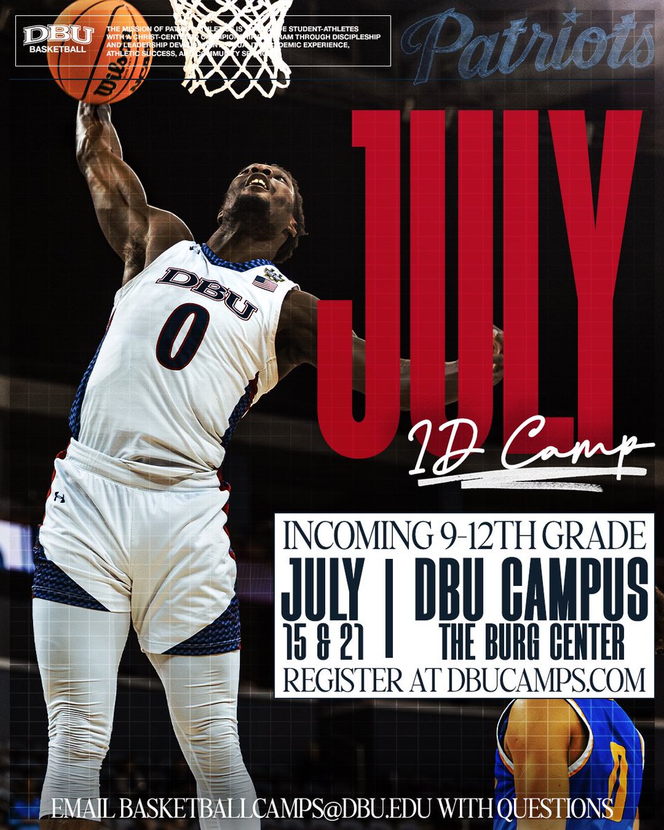 DBUBasketball's tweet image. Only 3 days left until our July 15th ID Camp at DBU! ⏳🔥
Train with TABC Coach of the Year Blake Flickner and the staff that led DBU to the 2025 Final Four 💼🏀
📍Dallas Baptist University
🔗 basketball.dbucamps.com
