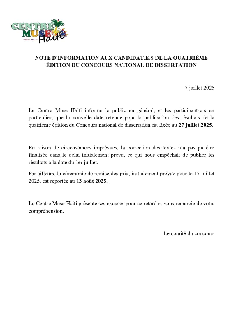 NOTE D'INFORMATION AUX CANDIDAT.E.S DE LA QUATRIÈME EDITION DU CONCOURS NATIONAL DE DISSERTATION.