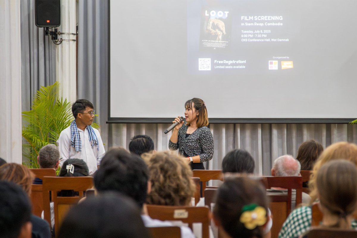 ckscambodia's tweet image. On July 8, 2025, #CKS and Bophana Center hosted a screening of LOOT: A Story of Crime and Redemption at CKS Conference Hall, Siem Reap. Over 80 attendees, including JRFP and KLCP fellows, researchers, students, and residents, explored cultural heritage looting and restitution.