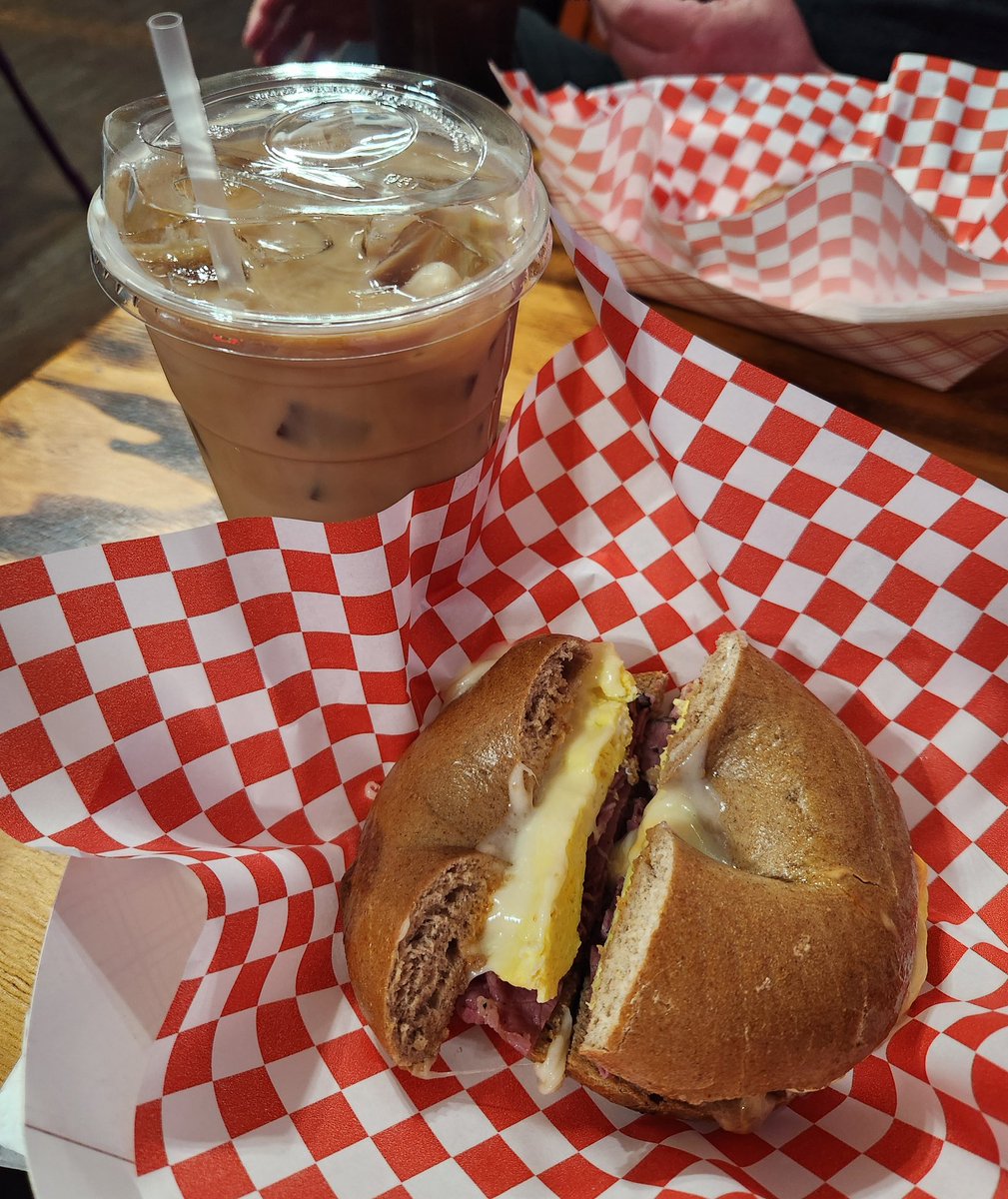 MagicalBuffet's tweet image. Gearing up for my road trip with a latte and New Yorker bagel sandwich from @CoffeePlanet