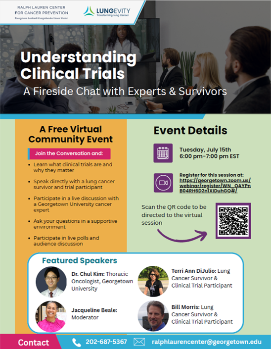 chulkimMD's tweet image. Excited to join the upcoming webinar, "Understanding Clinical Trials: A Fireside Chat with Experts & Survivors," organized by the Ralph Lauren Center for Cancer Prevention @LombardiCancer & @LUNGevity!
🗓️ July 15, 2025 | 🕕 6–7 PM EDT
🔗 Register here: bit.ly/40KsenA