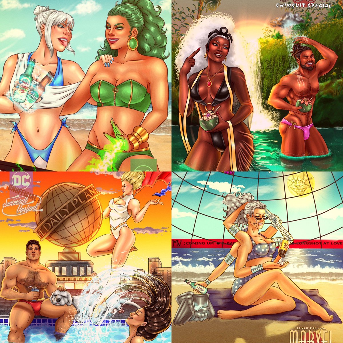 SSTArtwork's tweet image. Thought I’d share my development for both the swimsuit editions (the superman price didn’t need any as it was stuff they already wear, and Spirals outfit wasn’t the focus, all her arms were). #MarvelSwimsuitcollab2025 #DCSwimsuitCollab2025 #Storm #Bishop #Fire #Ice #Marvel #DC