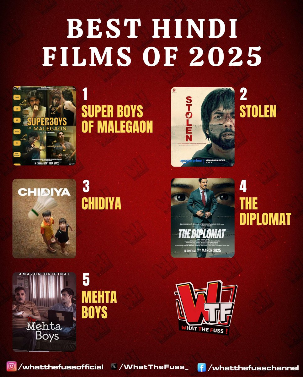 Best from Bollywood till now.!

1. #SuperboysofMalegaon
2. #Stolen
3. #Chidiya
4. #TheDiplomat
5. #TheMehtaBoys 

Thoughts ??