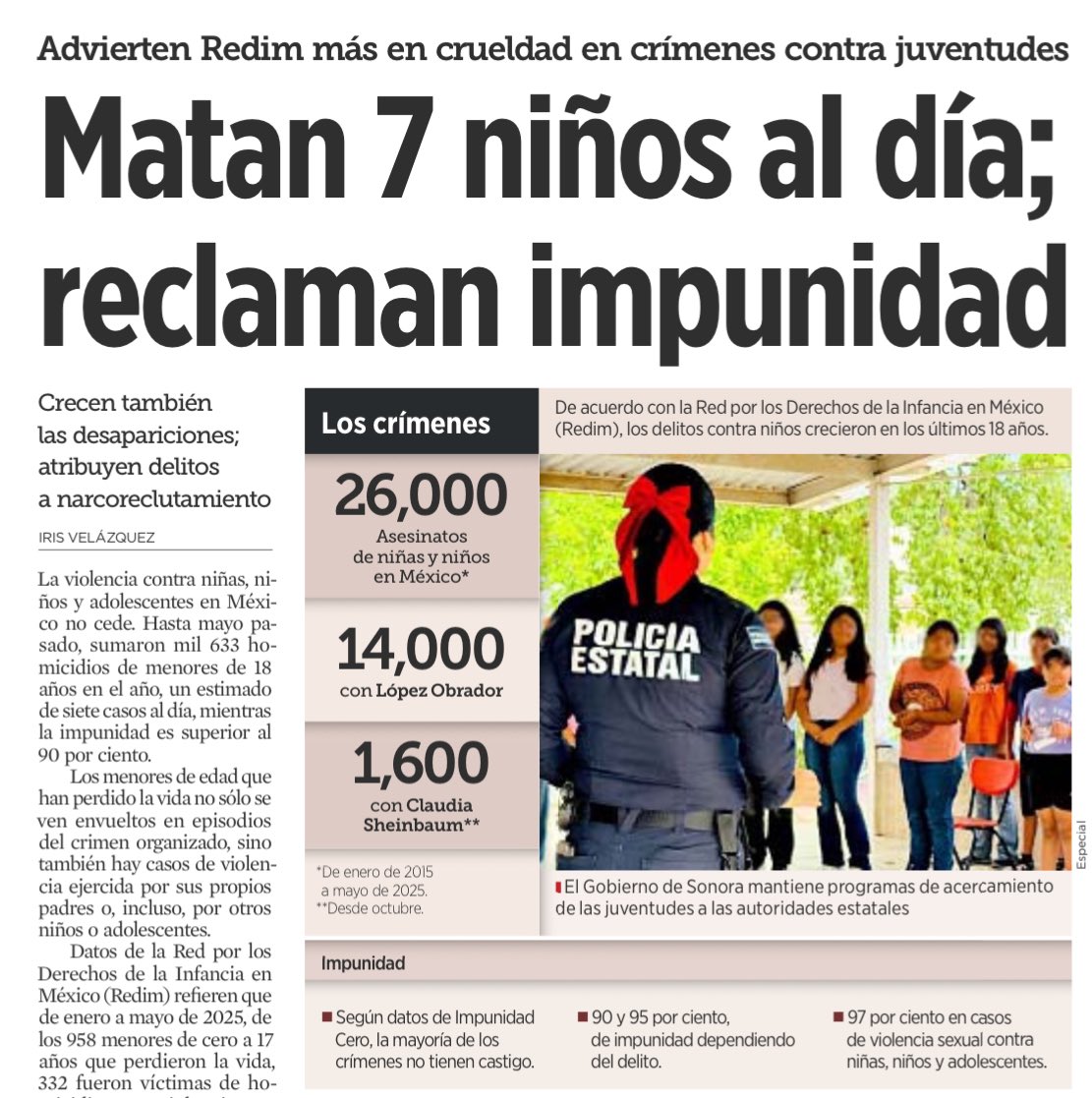En México asesinan a 7 niños todos los días. En 5 meses van 1,633 menores muertos, la mayoría con violencia brutal. Guanajuato, Michoacán, Oaxaca y Jalisco son cementerios infantiles. La impunidad es de hasta 97 %. Nadie busca justicia. Nadie responde. Nadie los llora desde el