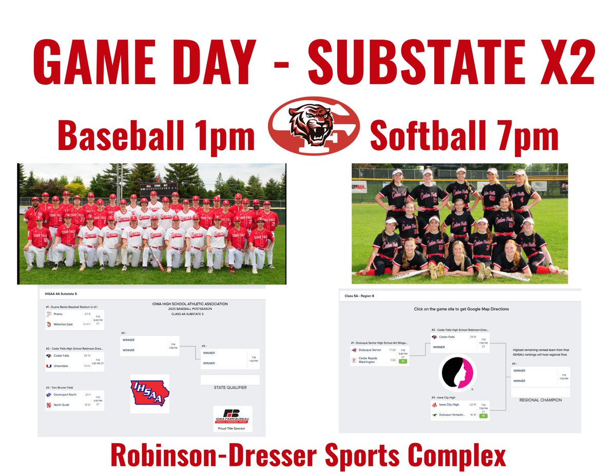 CFHS Athletics and Activities (@cfhsgotigers) on Twitter photo We've got a full day Robinson-Dresser! Come on out and cheer on the #Tigerpride in Substate Action!
Baseball at 1pm - 4A Substate, Region 5
Softball at 7pm - 5A Substate, Region 8
<a href="/cfbaseball20/">Cedar Falls High School Baseball</a> <a href="/CF_Booster/">Cedar Falls Tiger Booster Club</a> We've got a full day Robinson-Dresser! Come on out and cheer on the #Tigerpride in Substate Action!
Baseball at 1pm - 4A Substate, Region 5
Softball at 7pm - 5A Substate, Region 8
<a href="/cfbaseball20/">Cedar Falls High School Baseball</a> <a href="/CF_Booster/">Cedar Falls Tiger Booster Club</a>