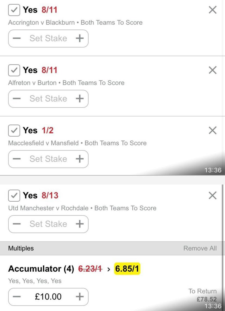 ⚽️ SATURDAY FOOTY ACCA

Here is why we’ve backed it 👇

Accrington vs Blackburn BTTS: 

BTTS has won in three of Accrington’s previous five matches. It has also won in three of Blackburn’s last four. 

Alferton vs Burton BTTS: 

BTTS has won in two of Alferton’s last three
