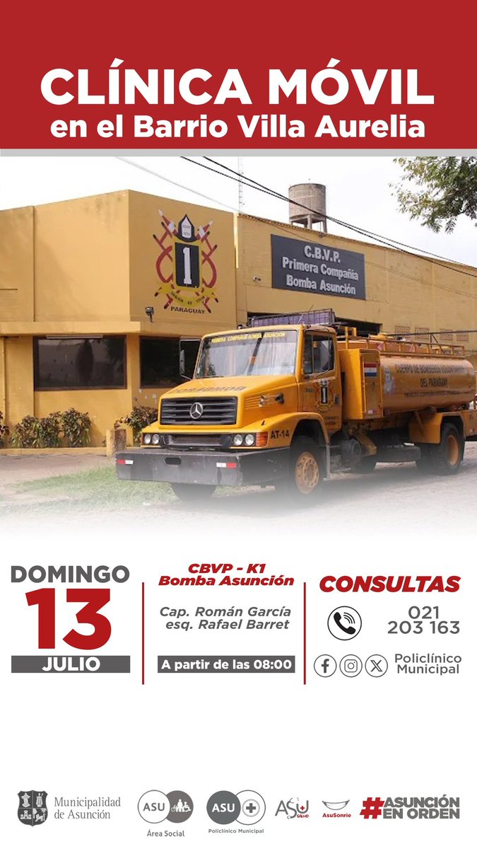 ¡Atención vecinos del Barrio Villa Aurelia! 

¡Los invitamos a una jornada de asistencia médica!   

Fecha:  Domingo 13 de Julio
Horario: A partir de las 08:00
Lugar:  1°Compañía CVBP - Bomba Asunción K1