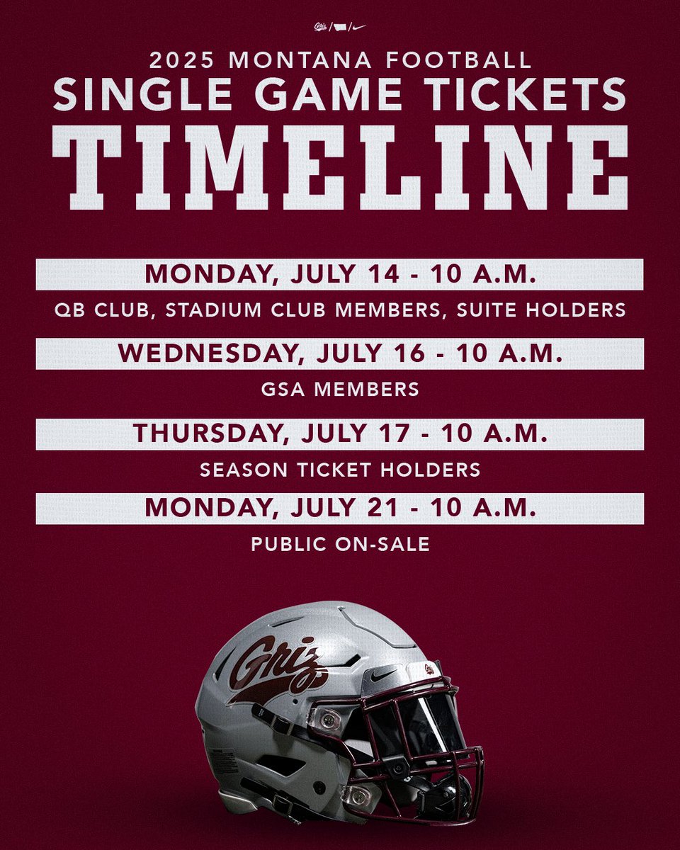 UMGRIZZLIES's tweet image. Mark your calendars, Griz fans!
Single-game tickets for all 8 home football games go on sale starting next week!
🎟️GoGriz.com/Tickets