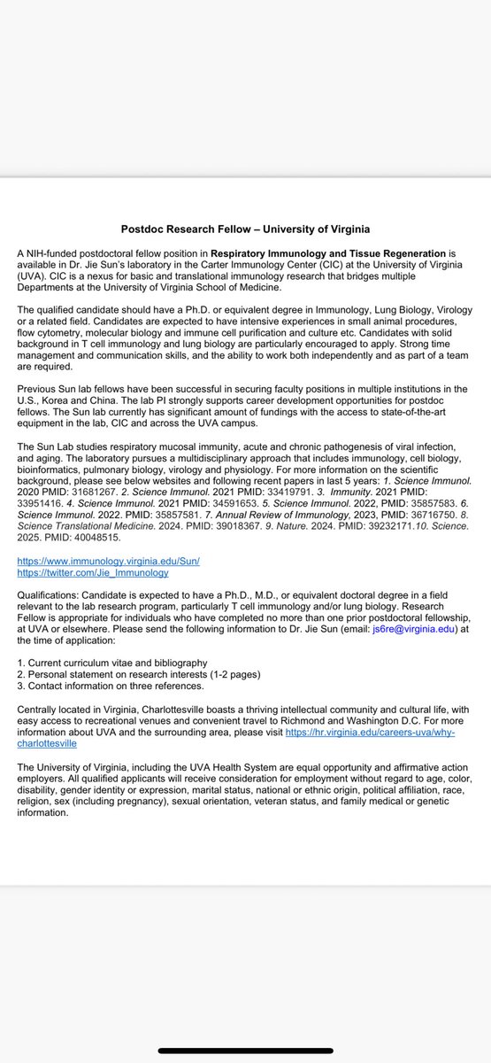 Jie_Immunology's tweet image. My lab is recruiting! We study respiratory immunology, chronic lung diseases and aging. Come join us @UVAimmunology at the beautiful UVA campus and Charlottesville. Please help spread the words.