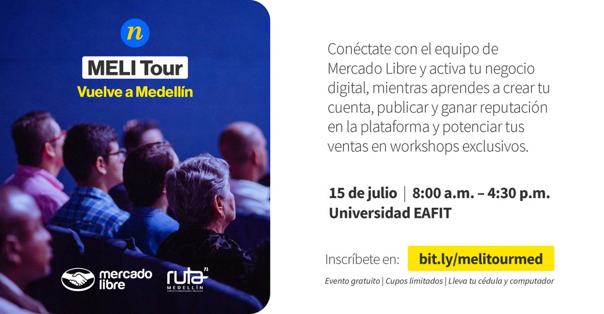 Ruta N (@ruta_n) on Twitter photo #Convocatoria | ¡Conéctate con el futuro del #eCommerce!
Regresa el MELITour de <a href="/Mercadolibre/">Mercado Libre</a> a Medellín. Y te invitamos a ser parte de esta experiencia donde emprendedores, expertos y marcas se conectan.
🔗 Regístrate gratis en: bit.ly/3GHeAuA
#RutaN #Innovación #Convocatoria | ¡Conéctate con el futuro del #eCommerce!
Regresa el MELITour de <a href="/Mercadolibre/">Mercado Libre</a> a Medellín. Y te invitamos a ser parte de esta experiencia donde emprendedores, expertos y marcas se conectan.
🔗 Regístrate gratis en: bit.ly/3GHeAuA
#RutaN #Innovación