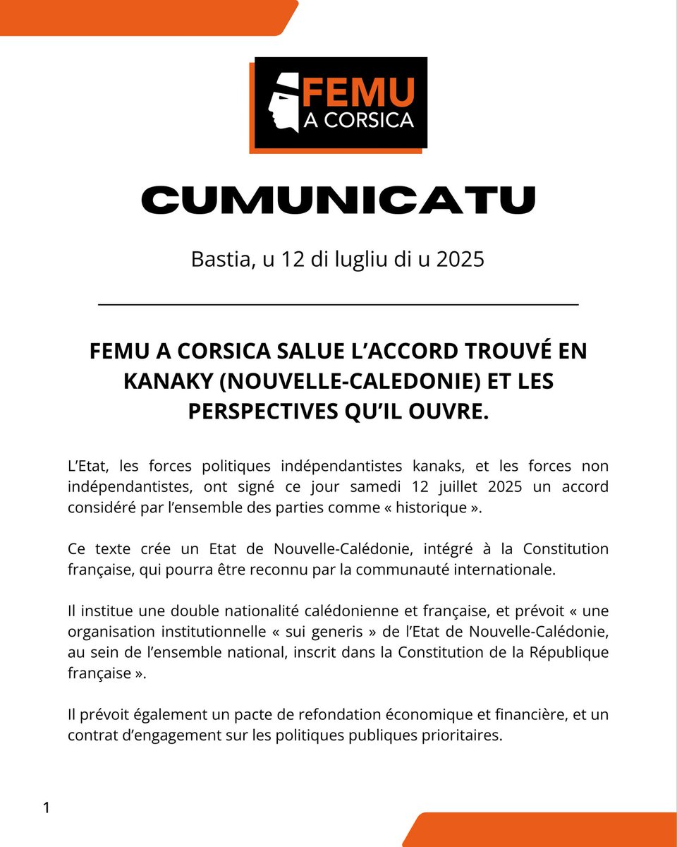 Partitu_FemuAC's tweet image. Femu a Corsica salue l'accord trouvé en Kanaky (Nouvelle-Caledonie) et les perspectives qu'il ouvre ⤵️