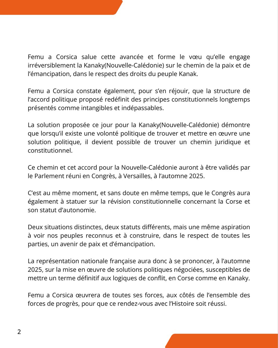 Partitu_FemuAC's tweet image. Femu a Corsica salue l'accord trouvé en Kanaky (Nouvelle-Caledonie) et les perspectives qu'il ouvre ⤵️