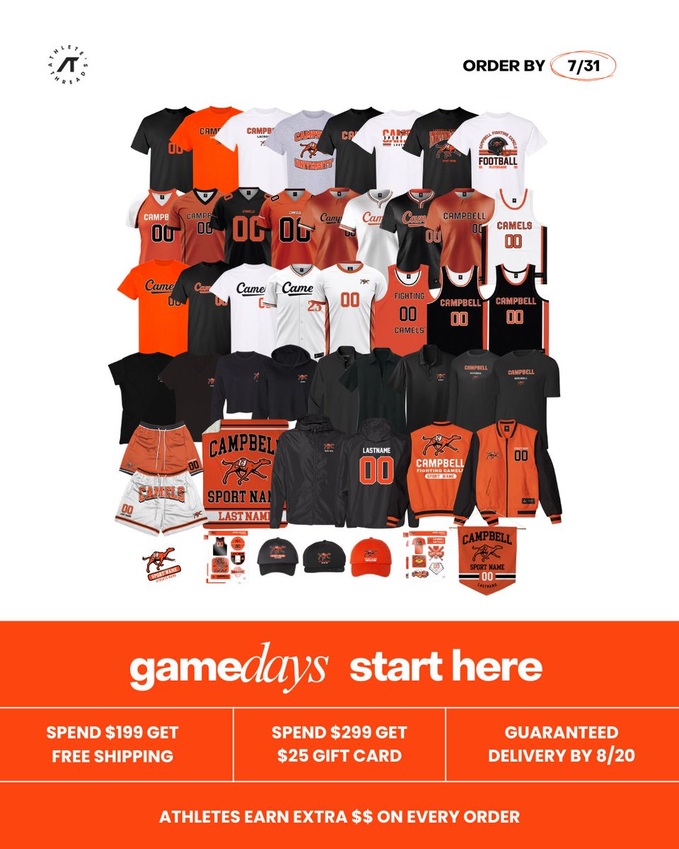 Campbell Athletics (@gocamels) on Twitter photo 𝐆𝐞𝐚𝐫 𝐮𝐩 𝐟𝐨𝐫 𝐆𝐚𝐦𝐞𝐝𝐚𝐲 with our friends at <a href="/AthletesThread/">Athletes Thread</a>! Our officially licensed NIL Merchandise partner is running a campus wide campaign for all athletes until July 31!
Shop now! ➡️ athletesthread.com/pages/college/…
#RollHumps 🐪 𝐆𝐞𝐚𝐫 𝐮𝐩 𝐟𝐨𝐫 𝐆𝐚𝐦𝐞𝐝𝐚𝐲 with our friends at <a href="/AthletesThread/">Athletes Thread</a>! Our officially licensed NIL Merchandise partner is running a campus wide campaign for all athletes until July 31!
Shop now! ➡️ athletesthread.com/pages/college/…
#RollHumps 🐪
