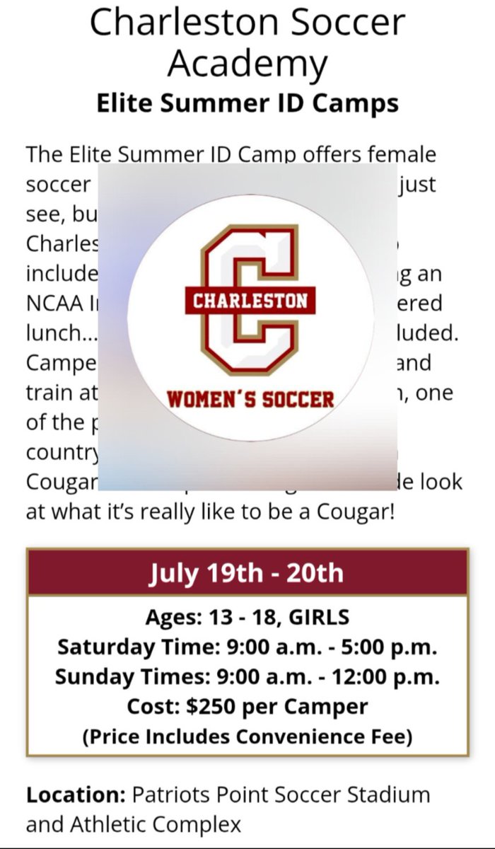 Dawson Cochrane (@dawsoncochrane8) on Twitter photo <a href="/CofCWSOC/">Charleston Women's Soccer</a> Only 7 days until Summer ID Camp.
Ready to compete <a href="/cmichner/">Christian Michner</a>
<a href="/ImYouthSoccer/">ECNL/GA/Recruiting/College Soccer</a>
<a href="/09ECNLhammers/">2009 Hammerheads Girls ECNL</a>
<a href="/ECNLgirls/">ECNL Girls</a> <a href="/CofCWSOC/">Charleston Women's Soccer</a> Only 7 days until Summer ID Camp.
Ready to compete <a href="/cmichner/">Christian Michner</a>
<a href="/ImYouthSoccer/">ECNL/GA/Recruiting/College Soccer</a>
<a href="/09ECNLhammers/">2009 Hammerheads Girls ECNL</a>
<a href="/ECNLgirls/">ECNL Girls</a>