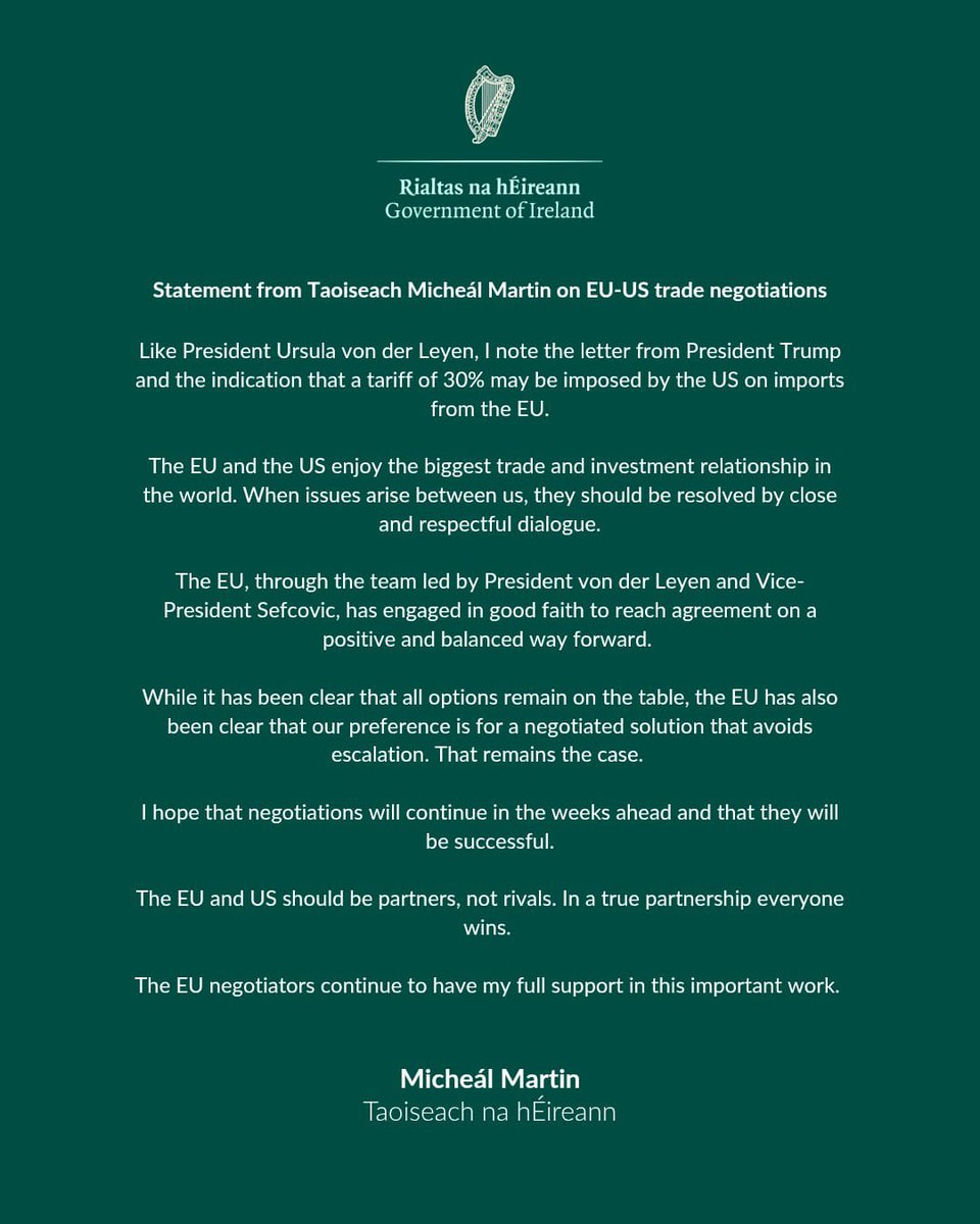 Statement from Taoiseach Micheál Martin on EU-US trade negotiations.