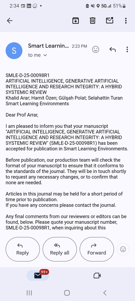 Khalid Arar (@drkhalidarr) on Twitter photo Pleased to share the acceptance of our paper, "AI, Generative AI & Research Integrity: A Systemic Review", in Smart Learning Environments. IF 12.1
Grateful to co-authors <a href="/ozenhamit/">Doç. Dr. Hamit Özen</a> , Gülşah Polat & <a href="/STURAN2100/">Selahattin Turan</a>.
Thanks to Ahmed Tlili for his valuable feedback!
<a href="/CLAS_TXST/">CLAS at Texas State</a>
<a href="/TXSTCOE/">College of Education at TXST</a> Pleased to share the acceptance of our paper, "AI, Generative AI & Research Integrity: A Systemic Review", in Smart Learning Environments. IF 12.1
Grateful to co-authors <a href="/ozenhamit/">Doç. Dr. Hamit Özen</a> , Gülşah Polat & <a href="/STURAN2100/">Selahattin Turan</a>.
Thanks to Ahmed Tlili for his valuable feedback!
<a href="/CLAS_TXST/">CLAS at Texas State</a>
<a href="/TXSTCOE/">College of Education at TXST</a>
