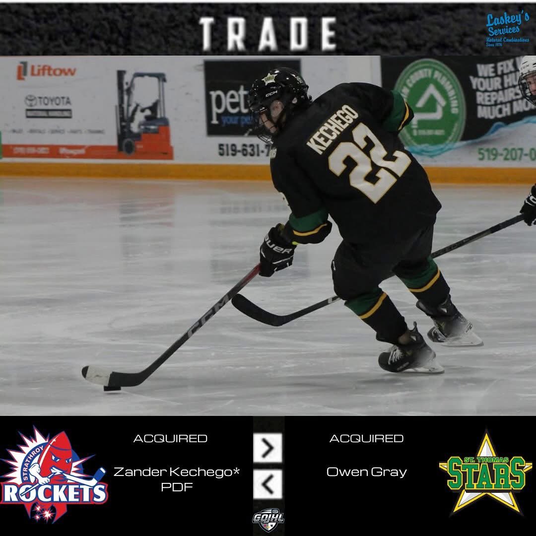 The Strathroy Rockets acquired &amp; Signed 07’ Forward Zander Kechego &amp; PDF in exchange for Owen Gray. 

Zander is a 1st Round OHL draft pick to Saginaw in the OHL in the 2024 draft. 

Welcome to the Rockets Zander, it’s time to.. #BlastOff 🚀
