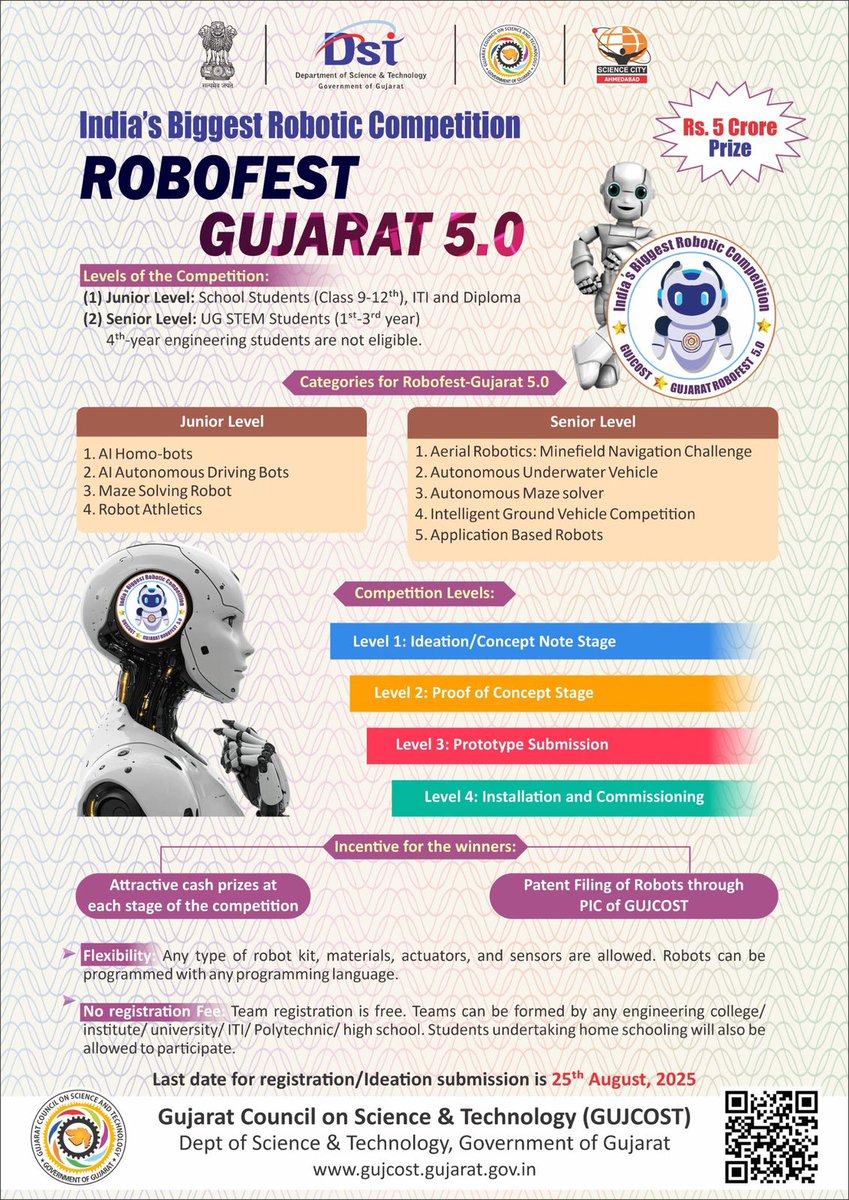 DrPayalPandit1's tweet image. Gear up for the ultimate battle of bots! #Robofest #Gujarat 5.0 is here — Bigger. Smarter. Bolder.
Calling all young innovators to compete, create &amp;amp; conquer! Register for this tech packed face off on  robofest.gujarat.gov.in/Robofest/Index 
Rs. 5 crore of total prizes awaiting you.. @PMOIndia