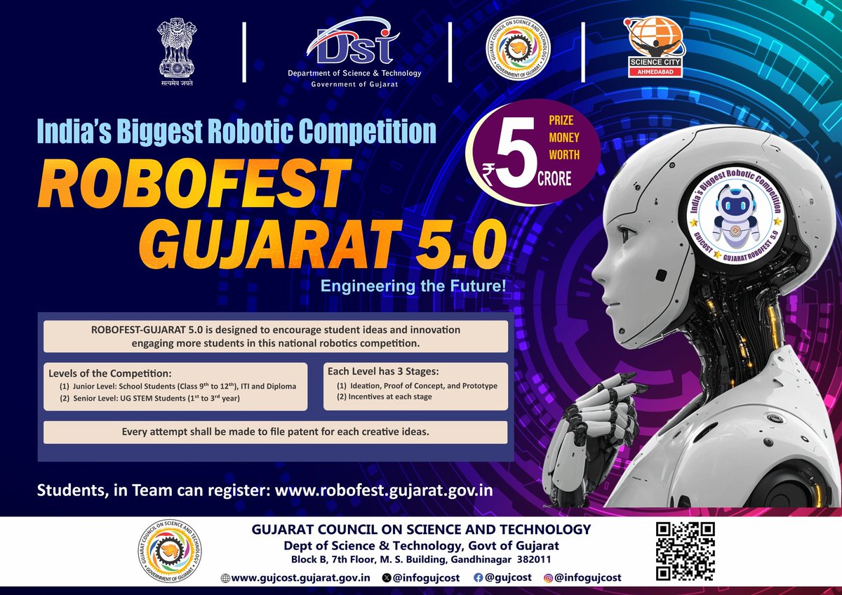 DrPayalPandit1's tweet image. Gear up for the ultimate battle of bots! #Robofest #Gujarat 5.0 is here — Bigger. Smarter. Bolder.
Calling all young innovators to compete, create &amp;amp; conquer! Register for this tech packed face off on  robofest.gujarat.gov.in/Robofest/Index 
Rs. 5 crore of total prizes awaiting you.. @PMOIndia
