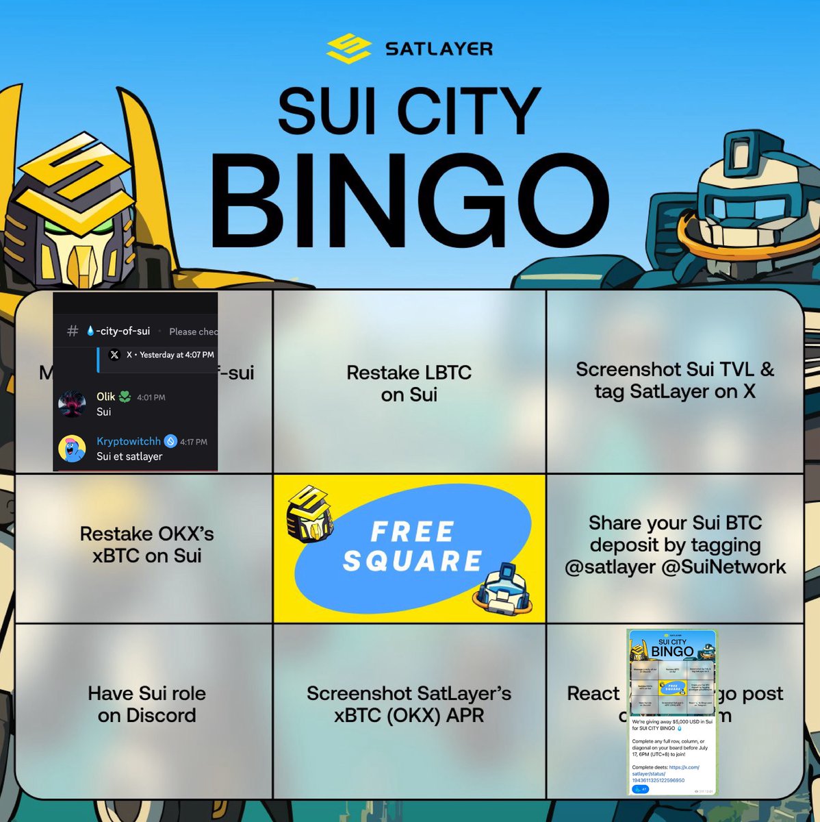 Sui x SatLayer Bingo is LIVE and it’s raining $SUI! 

The integration of $LBTC and $xBTC on <a href="/SuiNetwork/">Sui</a> just unlocked a brand new wave of rewards thanks to <a href="/satlayer/">SatLayer 🟨🧊</a> and to celebrate, they’re giving away $5,000 worth of $SUI to 50 lucky winners! 🟨

Here’s how to join the fun:
•