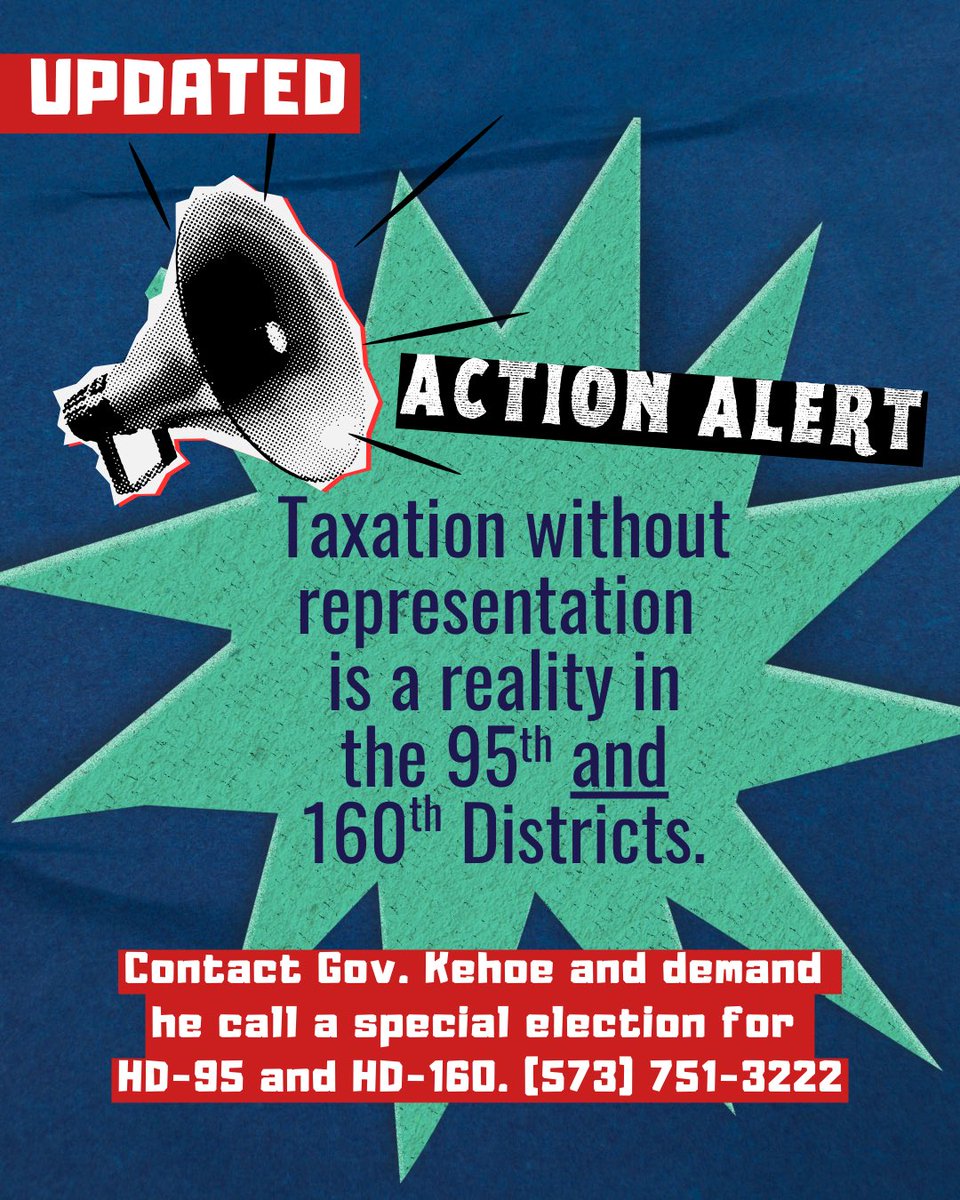 2 vacant house seats in MO! People in HD-95 in South County &amp; HD-160 in Newton County (Joplin area) have no representation. Per the state constitution, Gov. Kehoe has to call a special election. Call Gov. Kehoe &amp; demand he call a special election for HD-95 &amp; HD-160. 573.751.3222