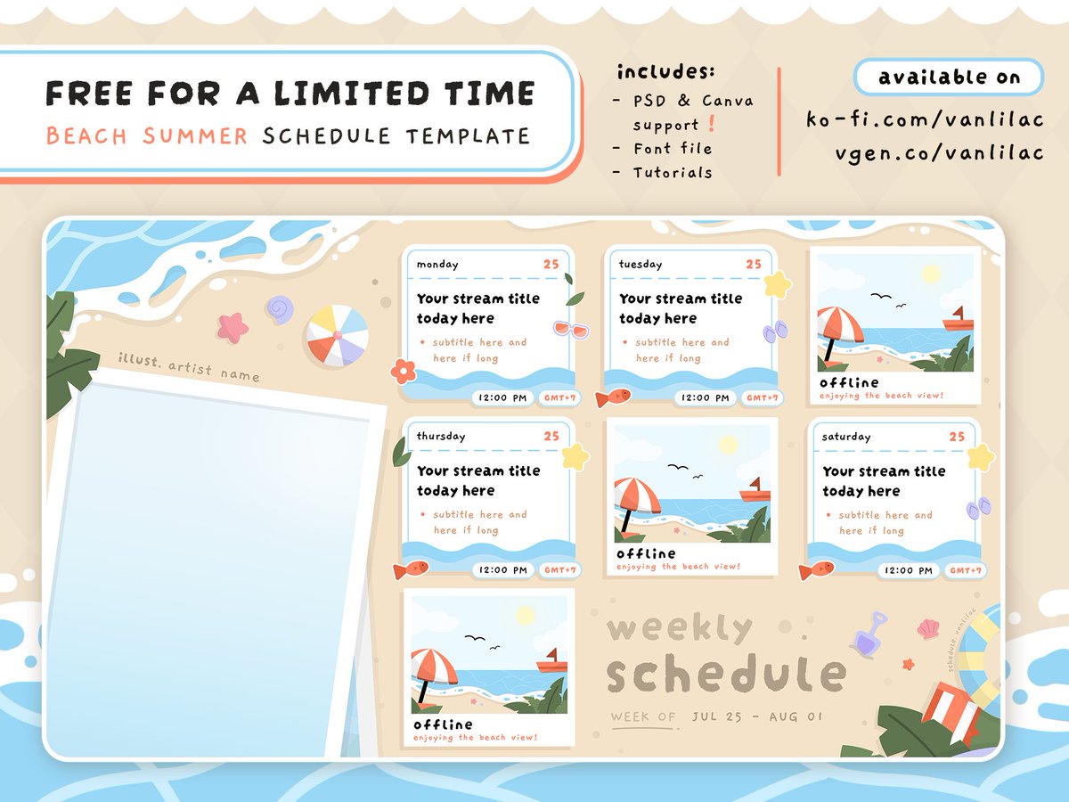 [🏖️] —  FREE TO USE FOR A LIMITED TIME ⭐

Beach Summer Schedule 🌊
Available in Canva and .psd file.

※  will be p2u in 48 hours

Tutorials included! ❤️

♥︎ + ↻ are appreciated ✧
#VTuberAssets #f2u

🔗 ko-fi and vgen shop link below