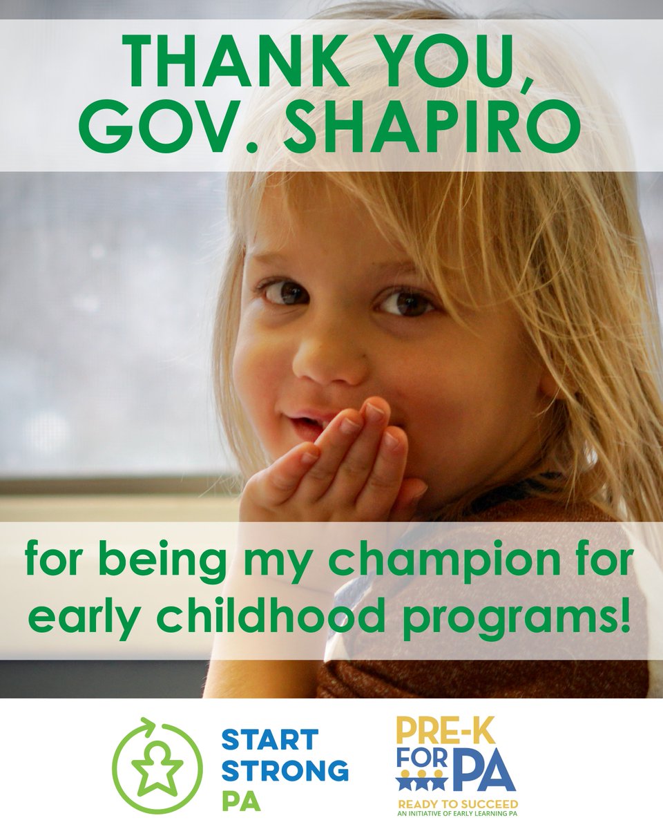 PreK4PA's tweet image. The critical work of caring for and educating young children should be valued because it matters to children, families, businesses and Pennsylvania’s economic security. Thank you, @Governorshapiro for continuing to prioritize our early care and education workforce!
