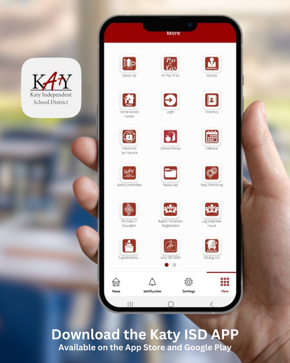 Have you downloaded the Katy ISD app? Get district and school updates, parent resources and more - all in one place!

Download the app from your device's app store by searching "Katy ISD." Find more details and instructions here: katyisd.org/katy-onthego/h…