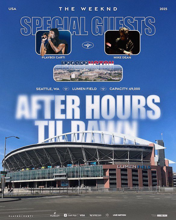 AHDawnTour's tweet image. TONIGHT 🌅 | 12/7 • Show #20 #AfterHoursTilDawnTour
📍Lumen Field, Seattle 🇺🇸
🪩 Mike Dean & Playboi Carti
🛸 7pm
The greatest show on Earth is in Seattle for an unforgettable night 💫❤️🔥 #AHTDSeattle