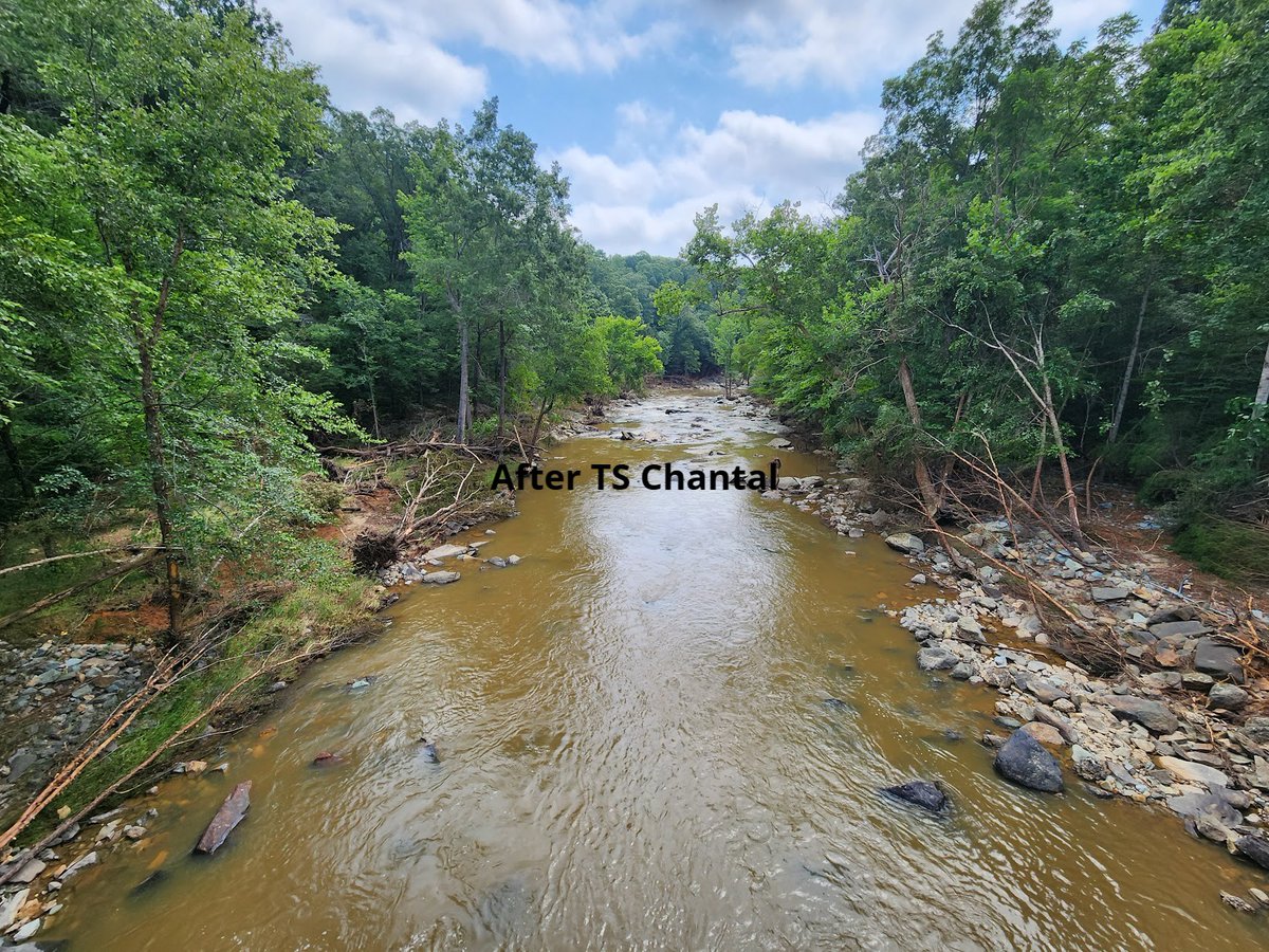 TS Chantal brought heavy rainfall across NC last weekend, and many of our USGS streamgages captured the impact. This week, SAWSC crews have been working hard collecting data and making repairs. Little R at SR1461 near Orange Factory, NC ow.ly/5ZeE50WoiZN.📸Lara Chapman