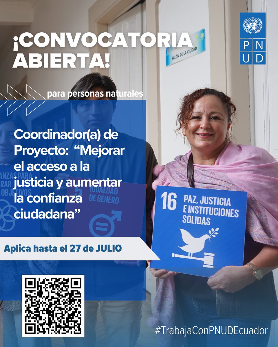 #ODS16 🕊️⚖️
¡Súmate al equipo y sé parte del cambio! 💼✨
Buscamos un/a Coordinador/a para el proyecto:
 “Mejorar el acceso a la justicia y aumentar la confianza ciudadana” 🇪🇨.
📅 Postula hasta el 24 de julio
🖇️ Aplica aquí: ow.ly/9GRW50WoooH