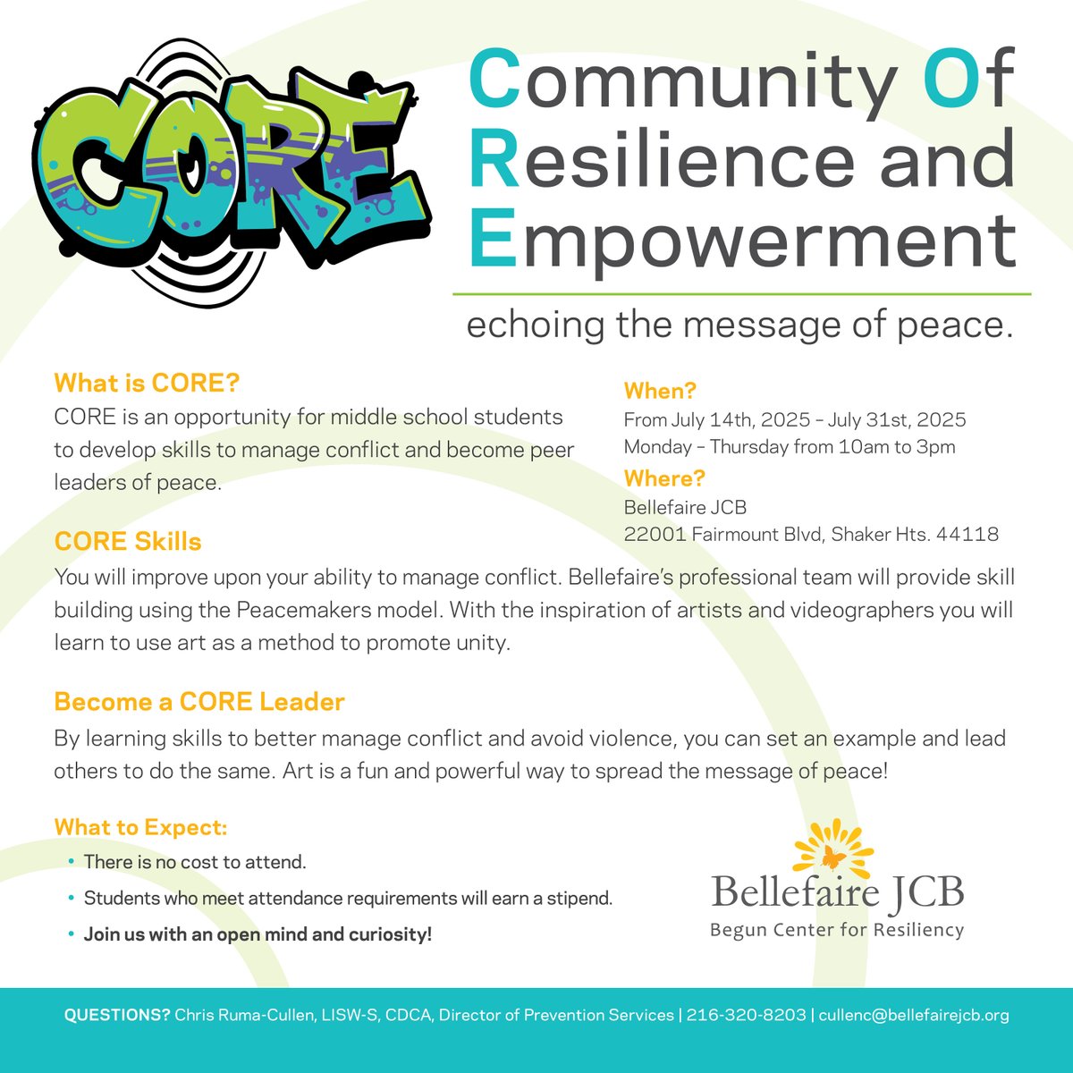 ⏳ Only 2 days left! Bellefaire’s FREE CORE summer program for middle schoolers starts July 14. Help your child build confidence, develop leadership skills, and make friendships through fun activities. 

Sign up now: signupgenius.com/go/10C0E49AEA9…