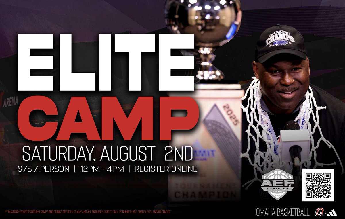 OmahaMBB's tweet image. 🚨 | ELITE CAMP REGISTRATION
We will host Elite Camp August 2nd for high school aged prospects. Registration is still open.
🔗: info.abcsportscamps.com/uno-basketball
#OmahaMBB #GoMavs 🔴⚫️🤘