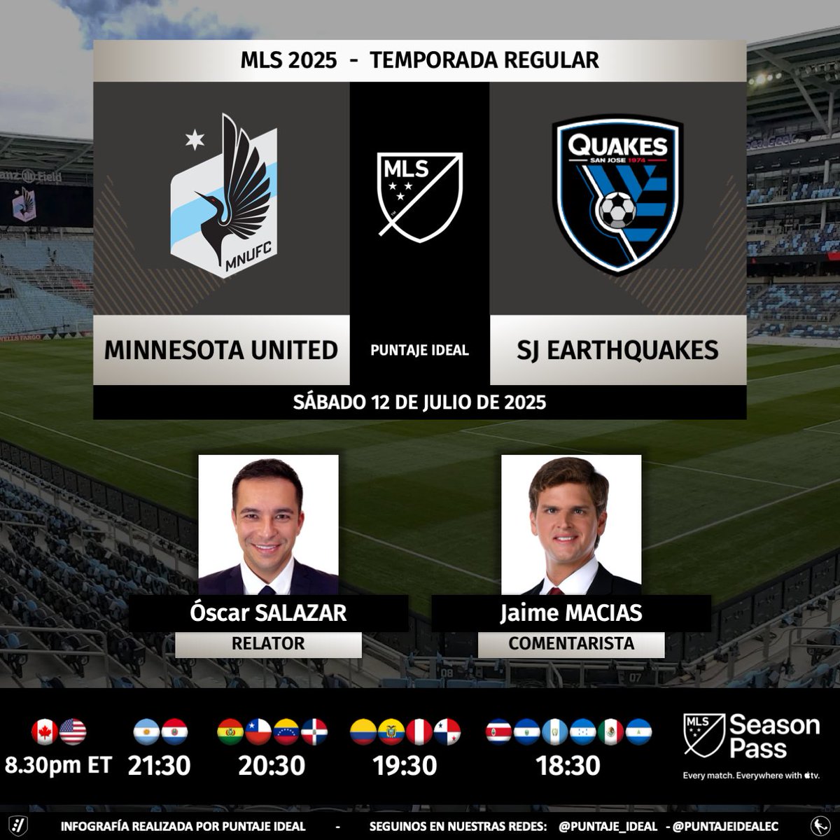 Puntaje Ideal EC (@puntajeidealec) on Twitter photo ⚽️ #MLS 🇺🇸 | #MinnesotaUnited vs. #Quakes74
🎙 Relator: <a href="/OscarFSalazar/">Oscar Salazar</a>
🎙 Comentarista: <a href="/Jaimefmacias/">Jaime F. Macias</a>
💻📱 #MLSSeasonPass en <a href="/AppleTV/">Apple TV</a>
🤳 #MINvSJ - <a href="/MLSonAir/">MLS on Air</a>
Dale RT 🔃 ⚽️ #MLS 🇺🇸 | #MinnesotaUnited vs. #Quakes74
🎙 Relator: <a href="/OscarFSalazar/">Oscar Salazar</a>
🎙 Comentarista: <a href="/Jaimefmacias/">Jaime F. Macias</a>
💻📱 #MLSSeasonPass en <a href="/AppleTV/">Apple TV</a>
🤳 #MINvSJ - <a href="/MLSonAir/">MLS on Air</a>
Dale RT 🔃