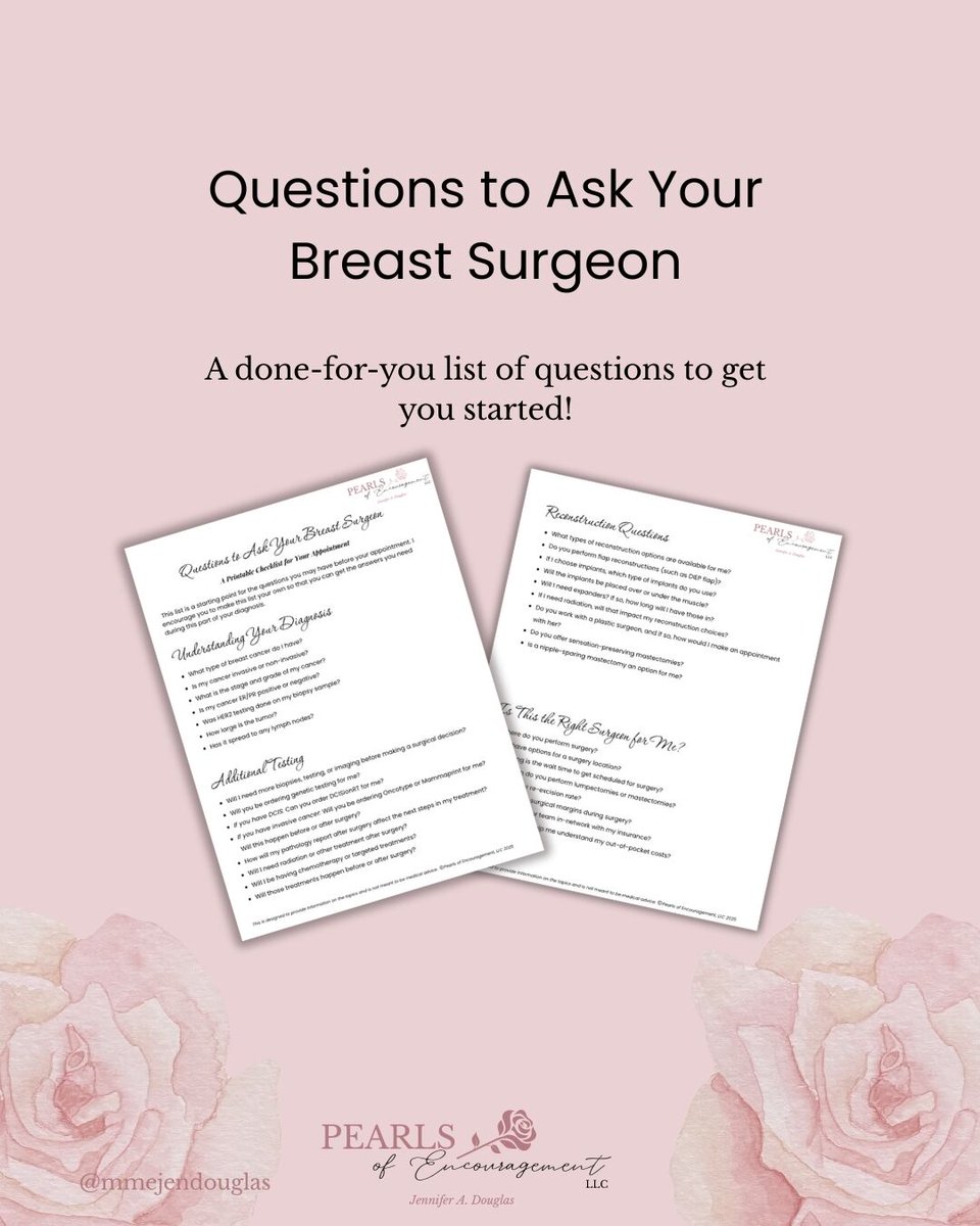 mmejendouglas's tweet image. “I don’t even know what to ask…”
That’s how many women feel walking into their first breast cancer surgical consult.
I created a free question list to help you feel more prepared.
📥 pearlsofencouragement.com/questions-for-…
#bcsm #DCIS #breastcancer