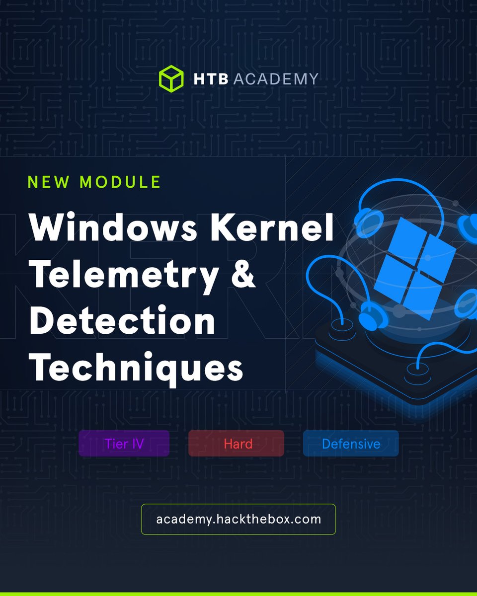 hackthebox_eu's tweet image. Not as hard-core as it might seem 🤔
2 new Modules are now available on #HTB Academy! Level up your blue teaming skills:
🔵 Dive deep into Windows kernel telemetry mechanisms, backed up by real-world use cases
🔵 Discover best practices for #ActiveDirectory hardening and ongoing…