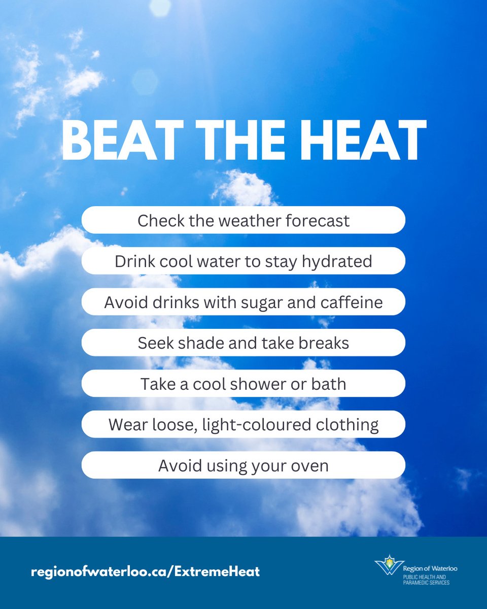 Region of Waterloo Public Health (@rowpublichealth) on Twitter photo The heat warning continues for Waterloo Region. Hot and humid conditions are expected until possibly Thursday.
➡️ Get relief from the heat: regionofwaterloo.ca/CoolingSpaces
➡️ Learn about the risks of extreme heat:
regionofwaterloo.ca/ExtremeHeat
<a href="/RegionWaterloo/">Region of Waterloo</a> The heat warning continues for Waterloo Region. Hot and humid conditions are expected until possibly Thursday.
➡️ Get relief from the heat: regionofwaterloo.ca/CoolingSpaces
➡️ Learn about the risks of extreme heat:
regionofwaterloo.ca/ExtremeHeat
<a href="/RegionWaterloo/">Region of Waterloo</a>
