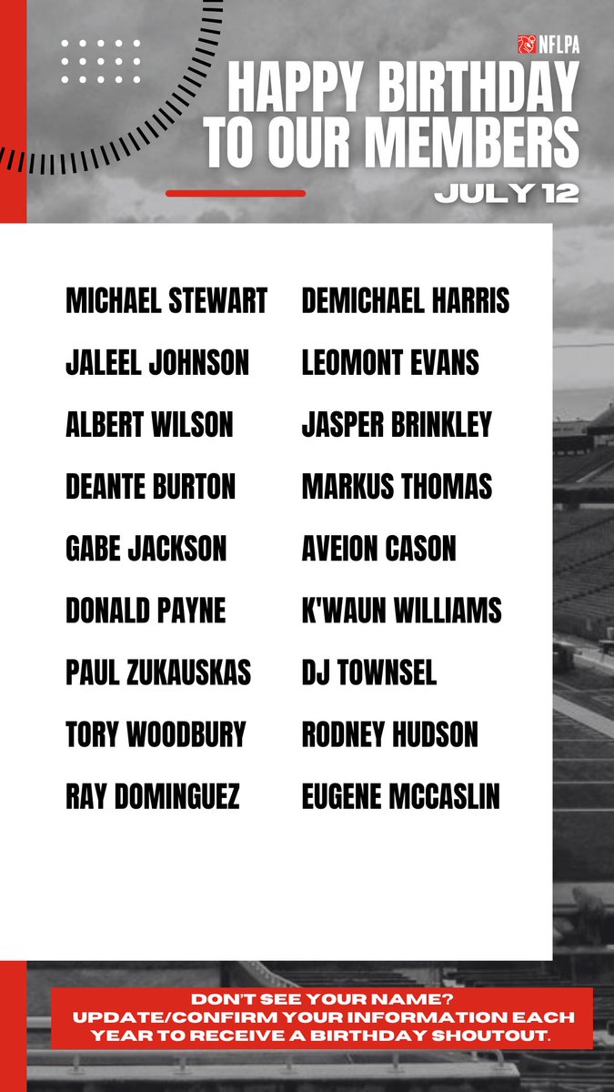 NFLPA Former Players (@nflpafmrplayers) on Twitter photo Happy birthday! Wishing all the best for you. <a href="/oneduke23/">Michael A Stewart</a> <a href="/leellxvii/">Jaleel Johnson</a> @ithinkisee12 <a href="/deanteburton8/">Deante Burton</a> <a href="/bigsmooth61/">Gabe jackson</a> <a href="/7PayneTrain/">Donald Payne Jr 🚂</a> <a href="/zukie66/">Paul Zukauskas</a> @t_woodbury11 <a href="/RayD_66/">Ray Dominguez</a> <a href="/only1demike/">DeMichael Harris</a> <a href="/LeomontEvans/">Leomont Evans</a> <a href="/Jasperhitman54/">Jasper Brinkley</a> <a href="/coach_markus06/">Pro Fan Talk</a> @aveion_cason23 Happy birthday! Wishing all the best for you. <a href="/oneduke23/">Michael A Stewart</a> <a href="/leellxvii/">Jaleel Johnson</a> @ithinkisee12 <a href="/deanteburton8/">Deante Burton</a> <a href="/bigsmooth61/">Gabe jackson</a> <a href="/7PayneTrain/">Donald Payne Jr 🚂</a> <a href="/zukie66/">Paul Zukauskas</a> @t_woodbury11 <a href="/RayD_66/">Ray Dominguez</a> <a href="/only1demike/">DeMichael Harris</a> <a href="/LeomontEvans/">Leomont Evans</a> <a href="/Jasperhitman54/">Jasper Brinkley</a> <a href="/coach_markus06/">Pro Fan Talk</a> @aveion_cason23