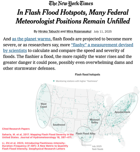 My PhD work on Flash Floods in US National Weather Center from way back in 2016/17 got cited by The New York Times today in the context of the devastating Texas floods, along with Zhi Li's work. I had proposed a new variable called 'Flashiness' as a new measure of flash flood