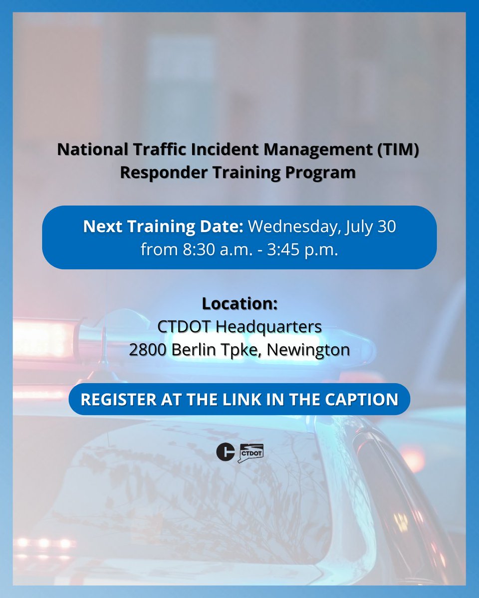 CTDOTOfficial's tweet image. Calling all towing and recovery, public works, and EMS! Join us on 7/30 for the next #Traffic Incident Management (TIM) Training session! This FREE training is a great way to learn how to safely respond to a roadway emergency. REGISTER at forms.office.com/Pages/Response…
#CTDOT