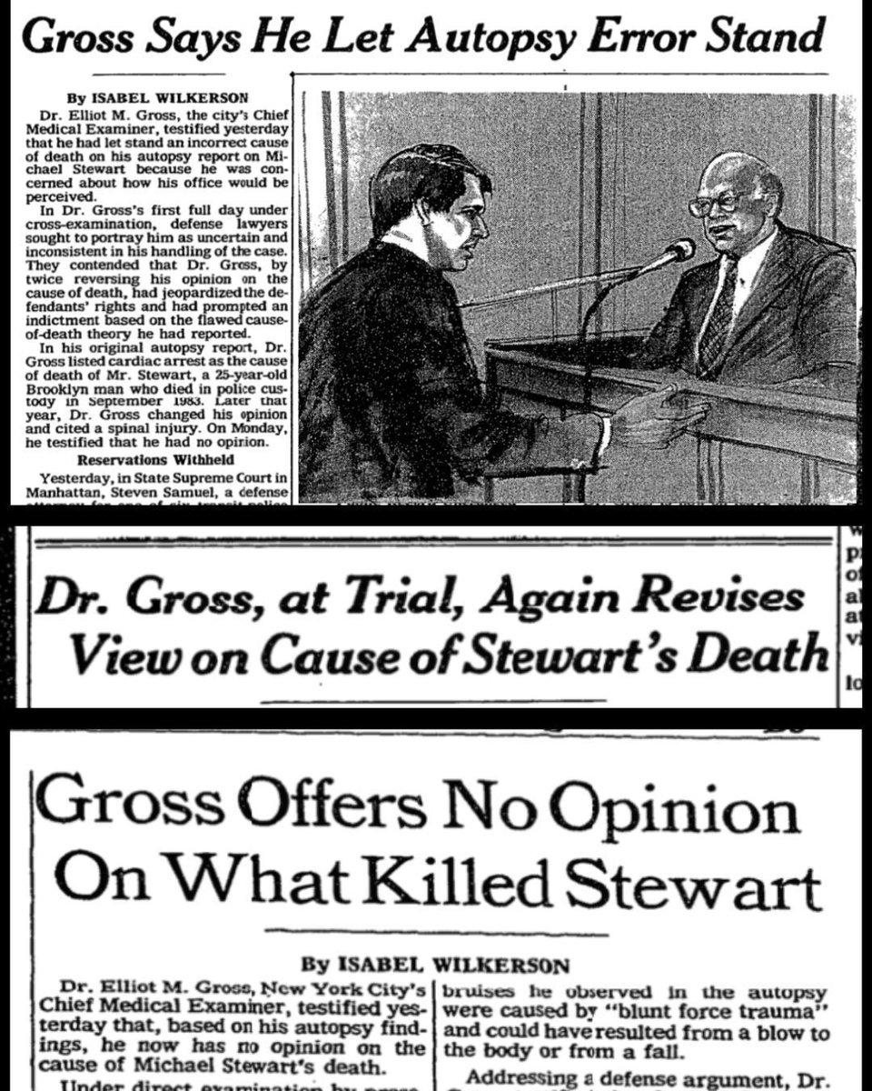 CriminalShow's tweet image. During the trial of the police officers who’d beaten Michael Stewart, the medical examiner, Dr. Gross, kept giving different opinions about the cause of Michael’s death. A juror said that he “was not a very convincing witness.” buff.ly/R5xw5Fg