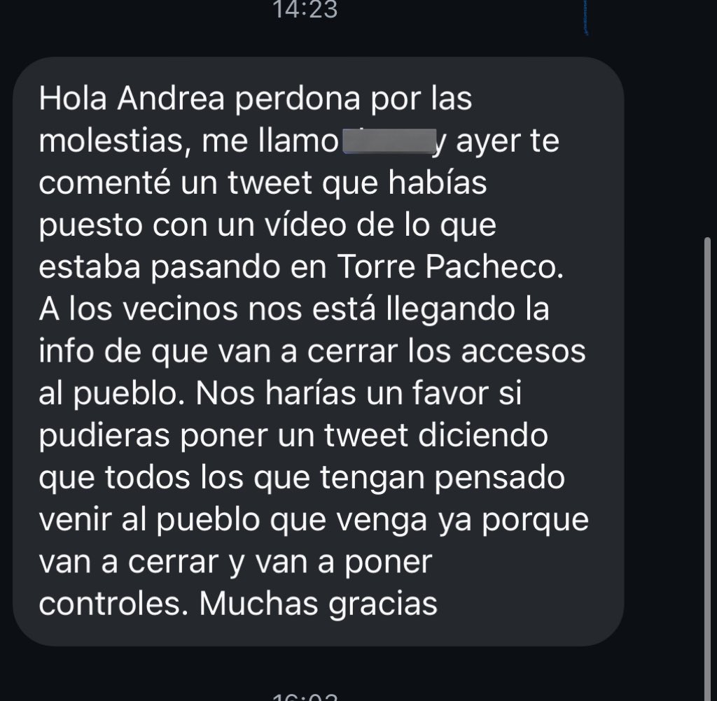 URGENTE. Llega información de que la policía planea cerrar los accesos a Torre Pacheco para evitar la protesta convocada a las 21.00 de hoy. Animan a acceder ya al pueblo bajo el riesgo de no poder entrar después.
Difusión.