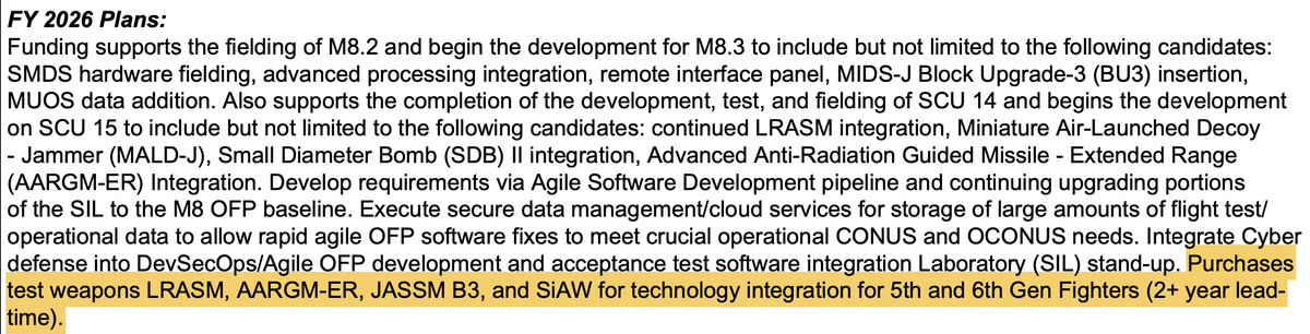 NatSecLedger's tweet photo. As expected (FY-2026 docs), USAF's Stand In Attack Weapon #SiAW will be integrated on the F-47 Next Generation Air Dominance #NGAD fighter. This is consistent with the Counter Air mission the F-47 is designed to perform. Would be interesting if JASSM/ LRASM make the cut. https://t.co/OiwxdE0LWJ