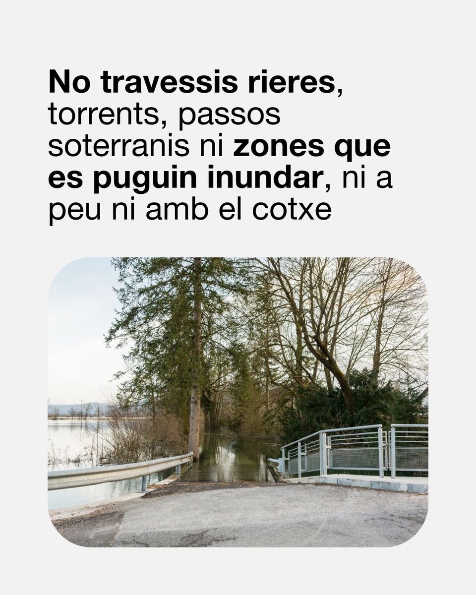 ⚠️Consells en cas de pluges intenses 👇

🔶No travessar rieres ni zones inundables ni a peu ni en cotxe
🔶Cotxe: moderar velocitat 
🔶Si entra aigua a casa: no baixis a zones inundables, puja als pisos superiors

#AlertaCat #INUNCAT