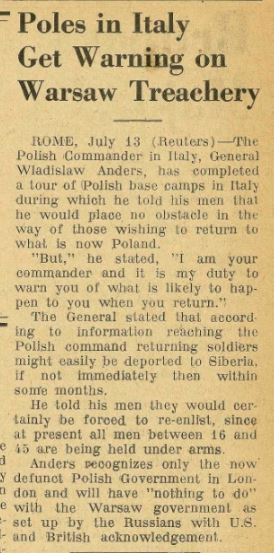 MJBudzinski's tweet image. " Poles in Italy get Warning on Warsaw Treachery"
(July 14, 1945-Union Jack or British 8th News)