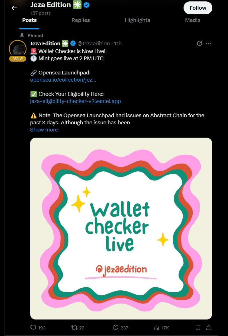 Pentaeth_'s tweet image. How can @opensea allow this shady project?

@jezaedition has rug-pulled all the NFT players and made 2.5 ETH from it.

Jeza is minting with an allowlist that was supposed to be WL phase only with a free mint. But during mint time, the allowlist was set to public and charged 4$ to…