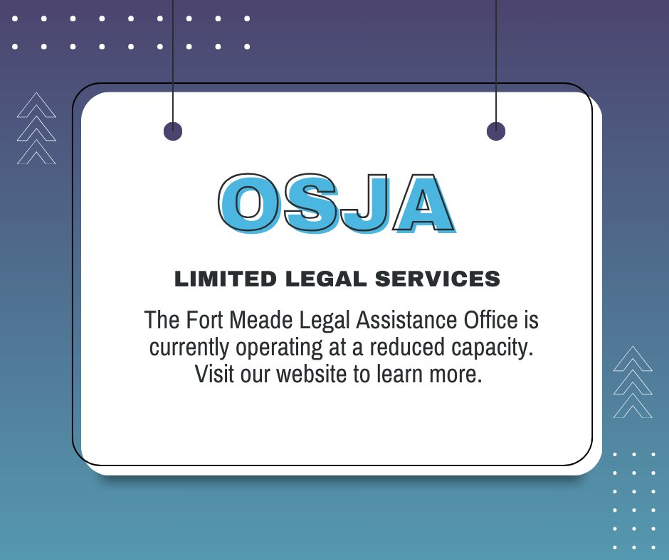 USAGFortMeade's tweet image. 💼 Important information regarding Legal Assistance Services:
The Fort Meade Legal Assistance Office is currently operating at a reduced capacity due to the hiring freeze and staffing shortages.
Visit our website to learn more ⬇️
spr.ly/60124I232